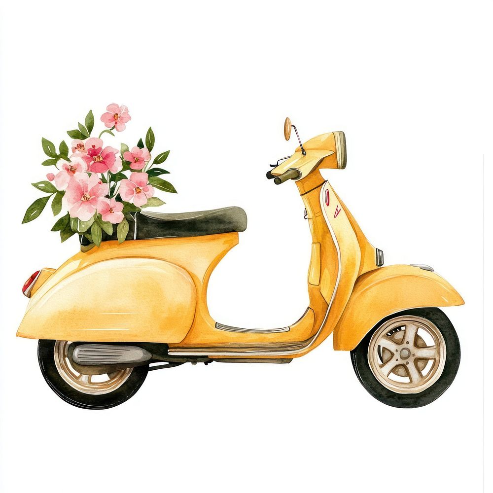 Yellow vintage scooter flowers transportation illustration.