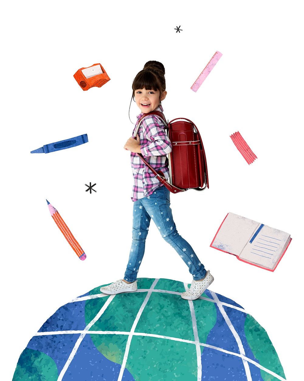 Young girl with backpack, standing on globe, surrounded by school supplies. Child, education, school, learning. Girl…