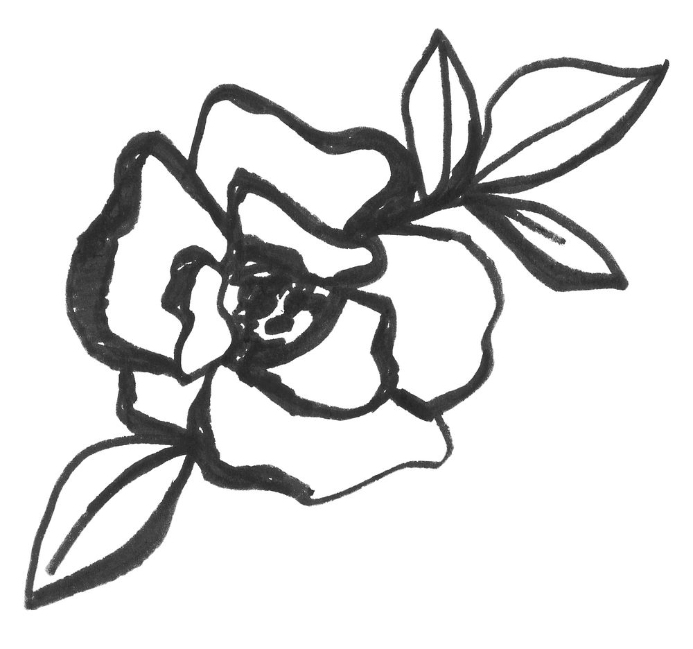 Black and white flower sketch with bold lines. Simple flower design with leaves. Artistic flower drawing, emphasizing flower…