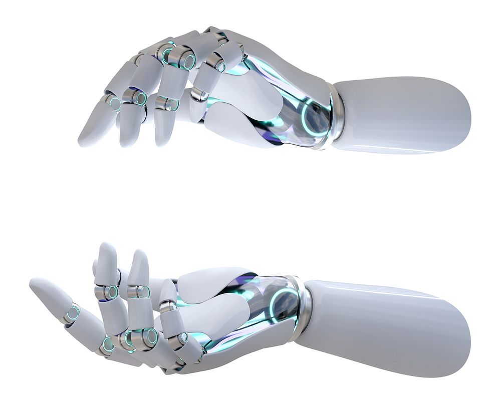 Two robotic hands, metallic and futuristic, reaching out. Robotic fingers and joints, showcasing advanced technology.…