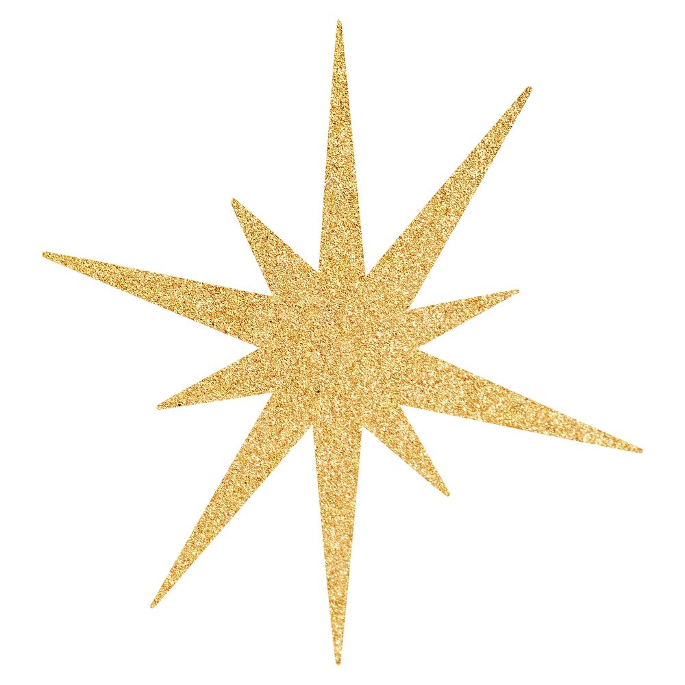 Glittery gold star with sharp points. Gold star sparkles with glitter. Star design in gold, perfect for festive decor.…