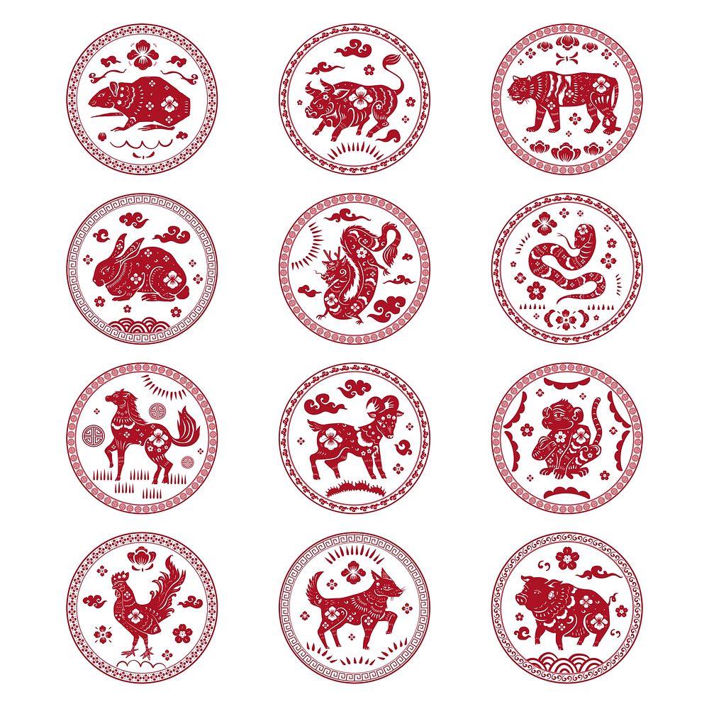 Twelve red Chinese zodiac symbols, each representing an animal. Zodiac animals include rat, ox, tiger, rabbit, dragon…