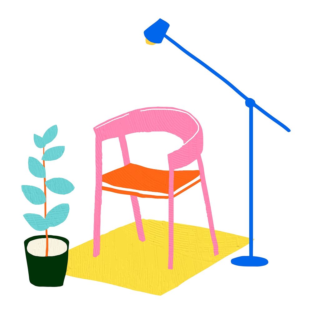 Colorful illustration of a pink chair, blue lamp, and green plant on a yellow rug. Bright colors, modern design, vibrant…