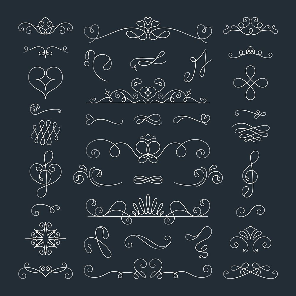 Elegant vector set of decorative flourishes and swirls. Includes various ornamental designs, flourishes, and swirls for…