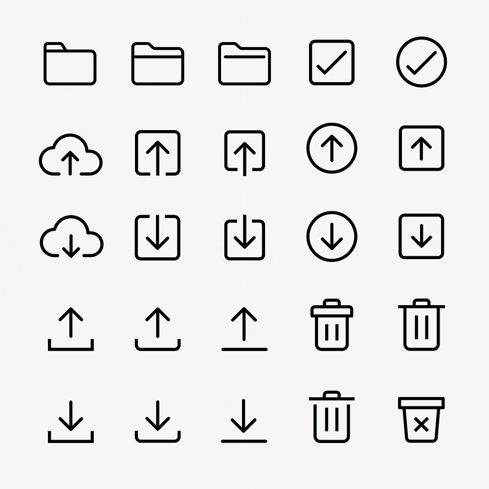 Set of 24 minimalist icons featuring upload, download, trash, and folder symbols. Simple and clean design for digital…