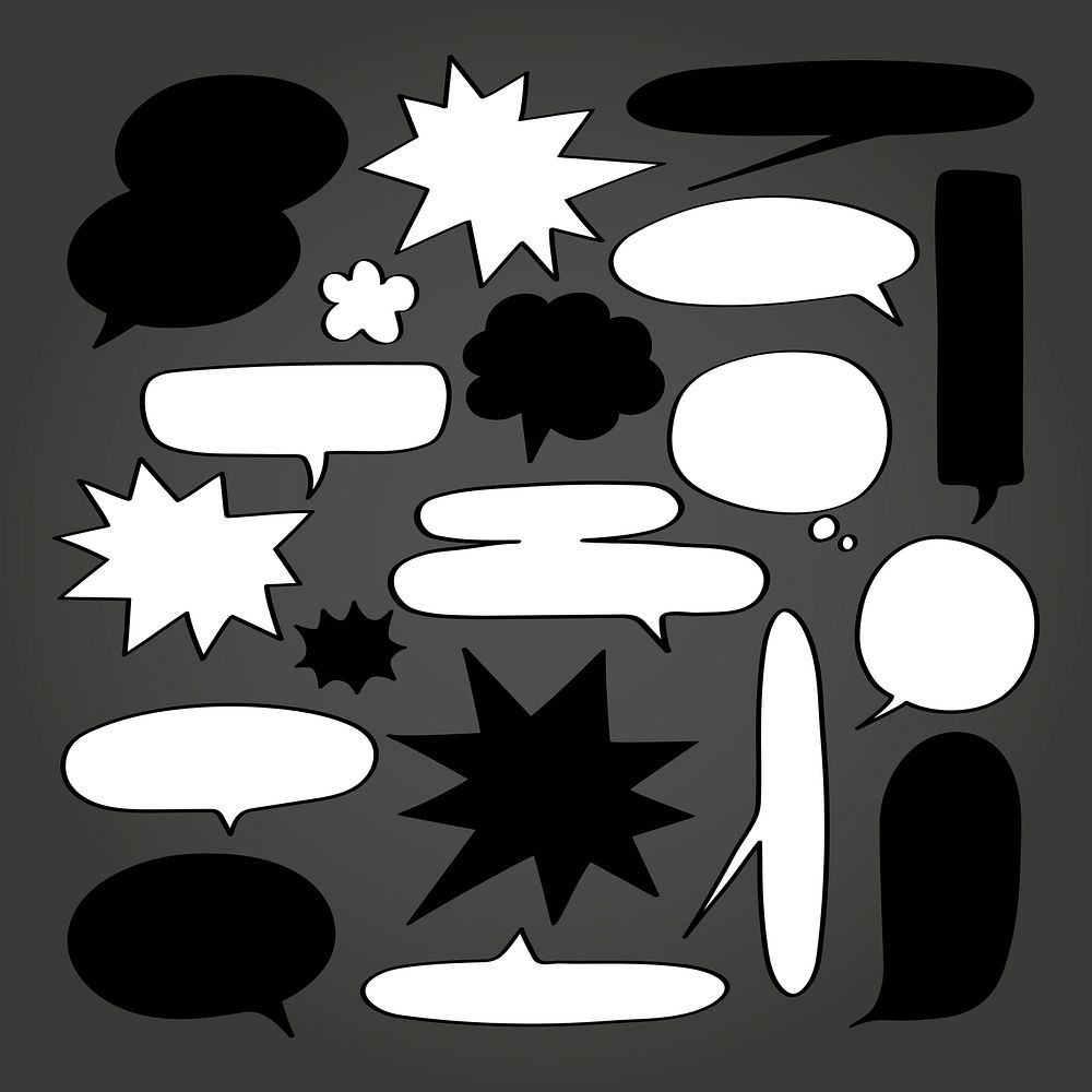 A collection of various black and white speech bubbles on a dark background. Speech bubbles in different shapes and sizes…