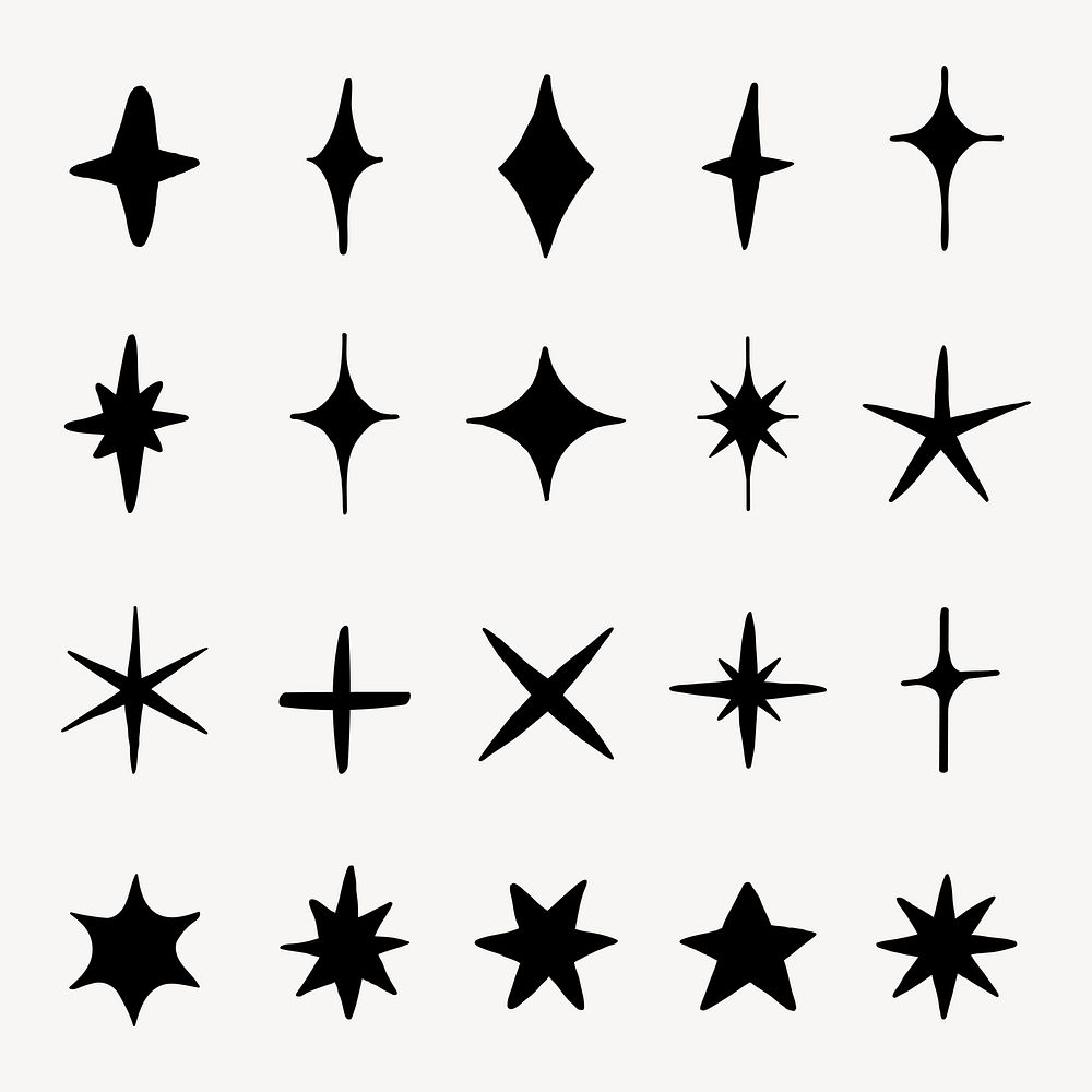 Set of 18 black star icons in various shapes. Star shapes include crosses, diamonds, and asterisks. Simple black star icons…