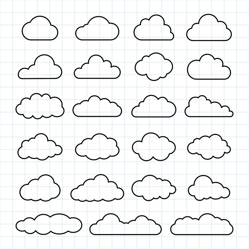 Grid with 25 cloud icons. Simple cloud shapes, outlined in black. Repeated cloud patterns. Minimalist cloud design. Perfect…