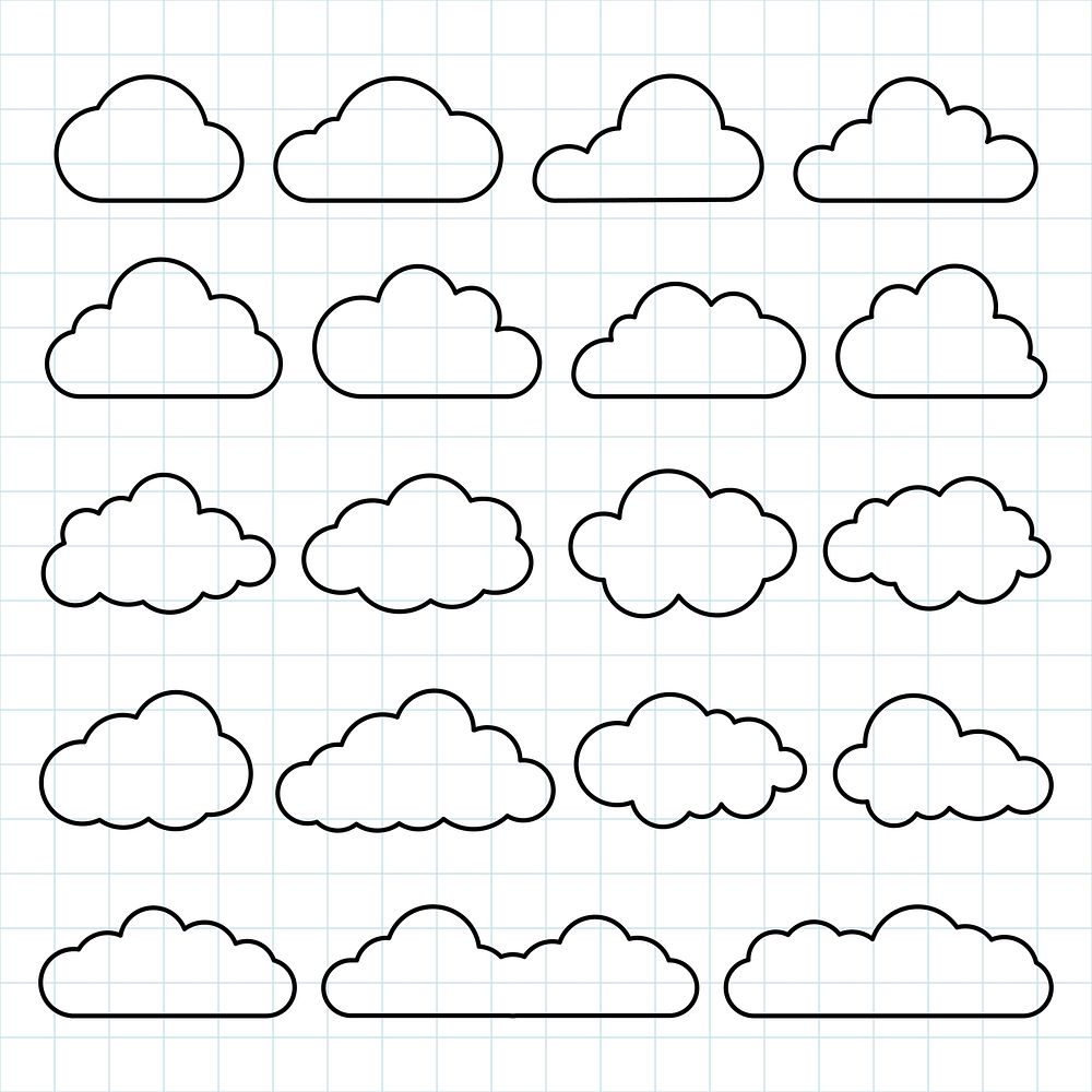 Grid paper with cloud outlines. Simple cloud designs, various cloud shapes. Minimalist cloud patterns on graph paper.…