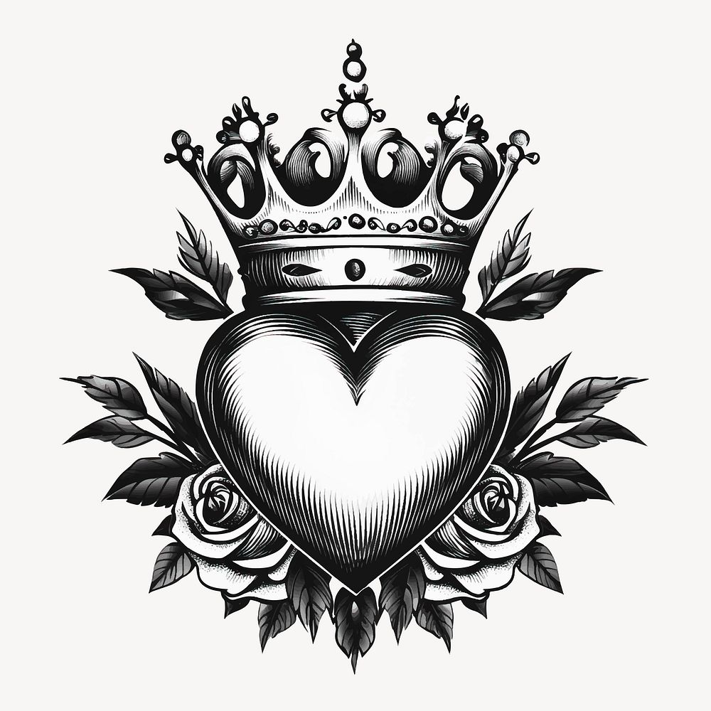 Crowned heart with roses illustration, old school tattoo vector