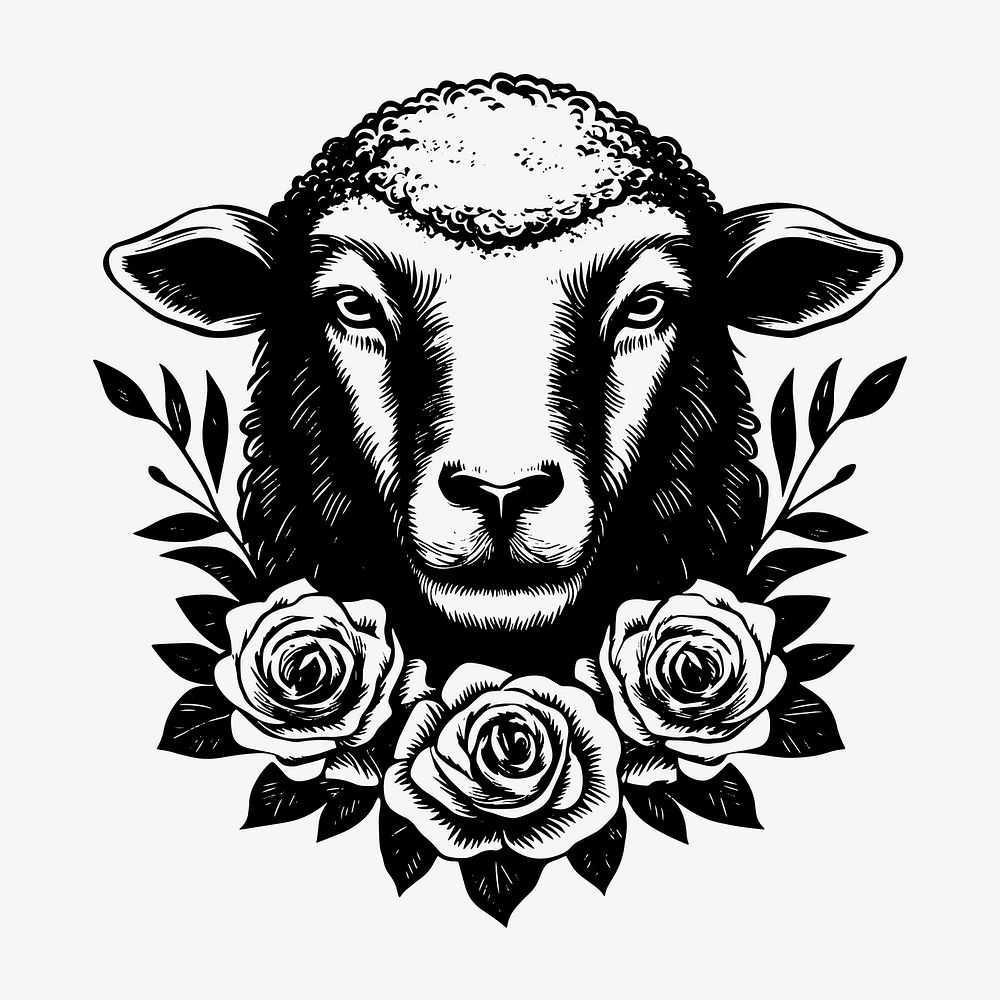 Intricate sheep with floral design, old school tattoo vector