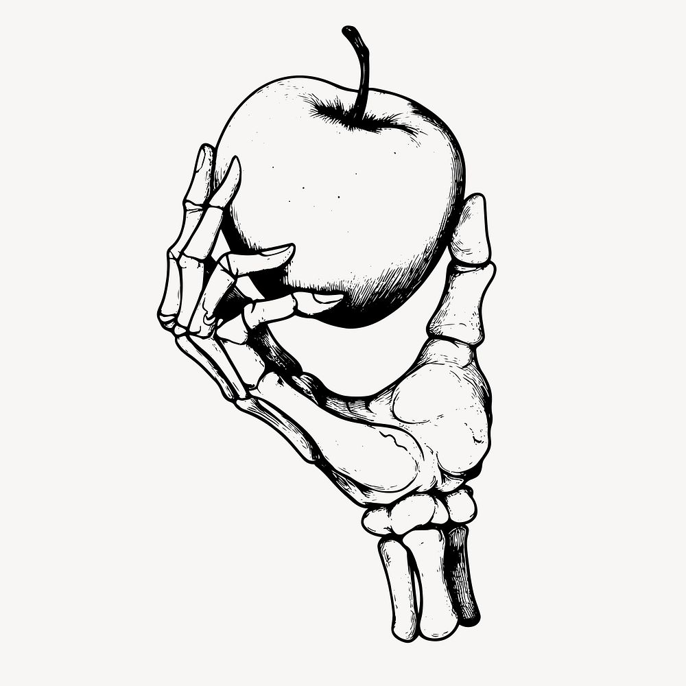 Skeleton hand holding apple, old school tattoo vector