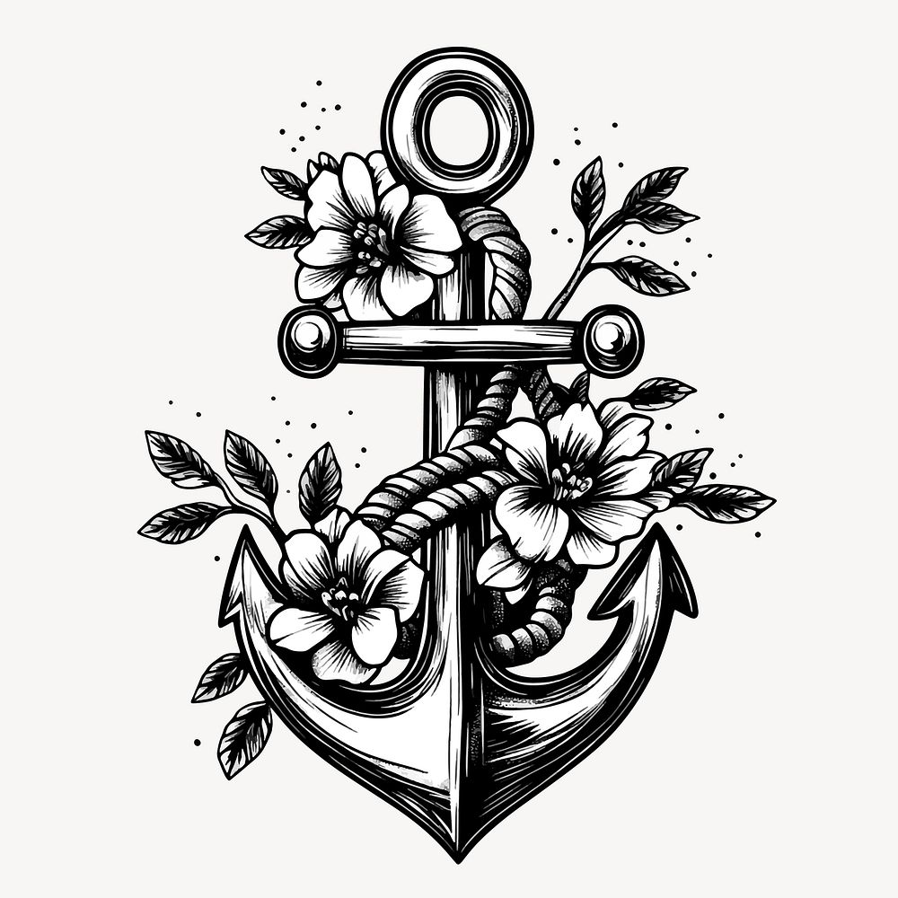 Floral anchor tattoo design, old school tattoo vector