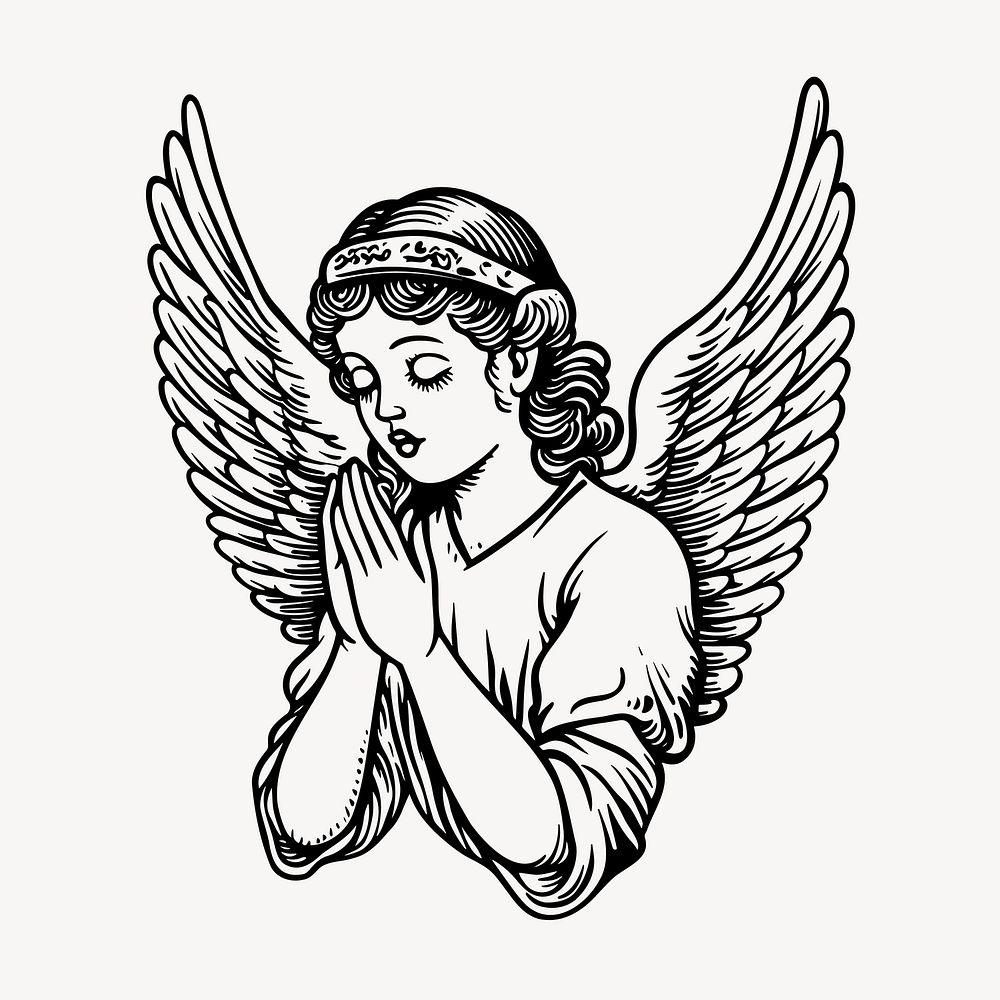 Praying angel illustration with wings, old school tattoo vector