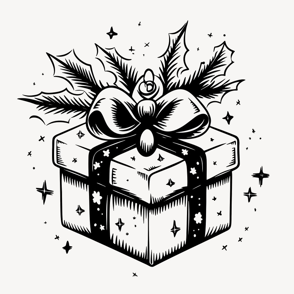 Festive gift box illustration, old school tattoo vector