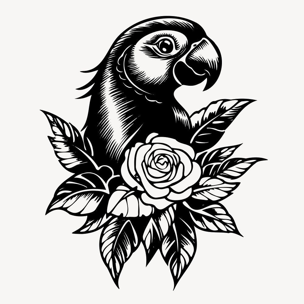 Parrot floral tattoo design, old school tattoo vector