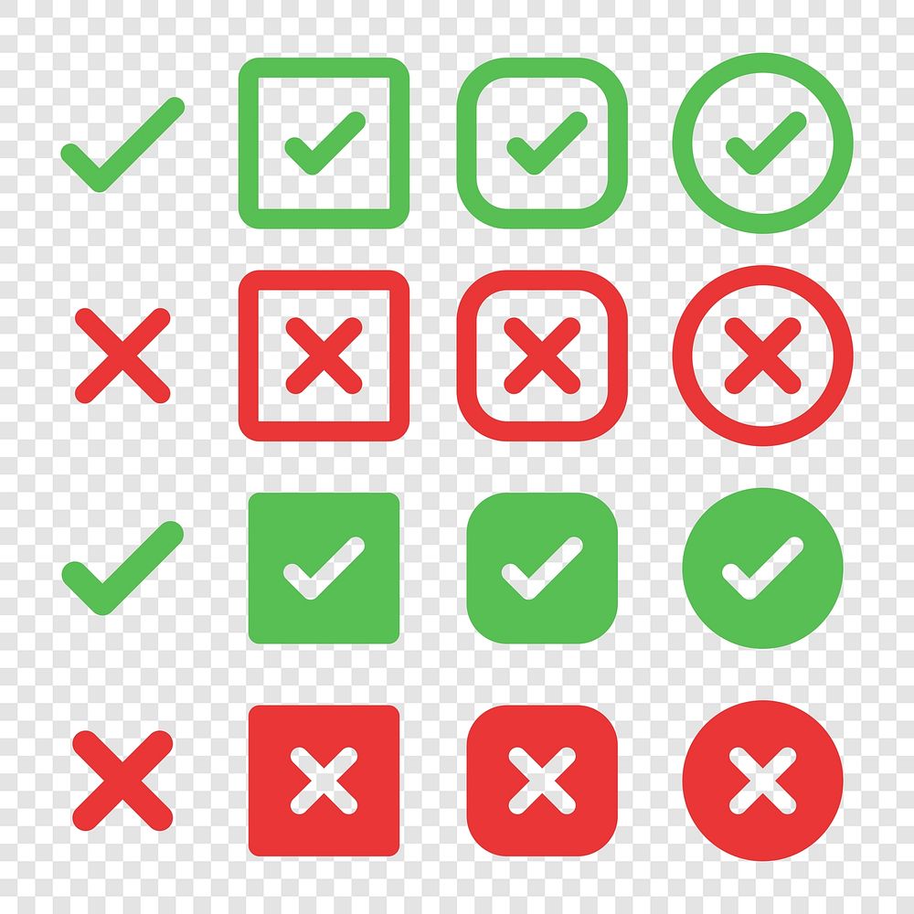 Set of check marks and cross icons. Green check marks, red cross symbols. Check marks and crosses in circles and squares.…