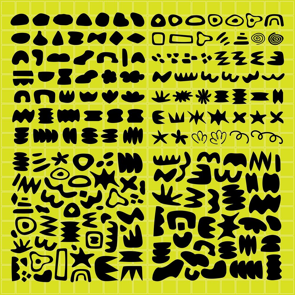 Abstract shapes in black on a yellow grid. Shapes vary in size and form. Bold black shapes contrast with yellow. Shapes…