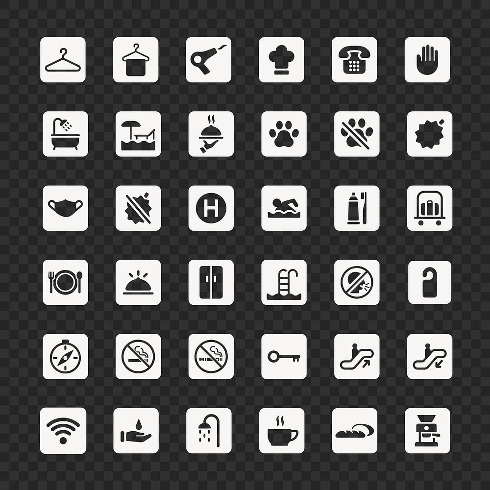 Icon set with various symbols: hotel, restaurant, swimming, no smoking, pet-friendly, and more. Perfect for travel, hotel…