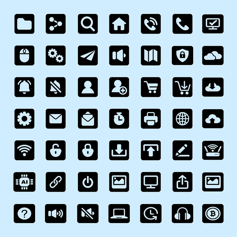 A grid of 56 black icons on a light blue background, featuring technology, communication, and interface symbols like gears…