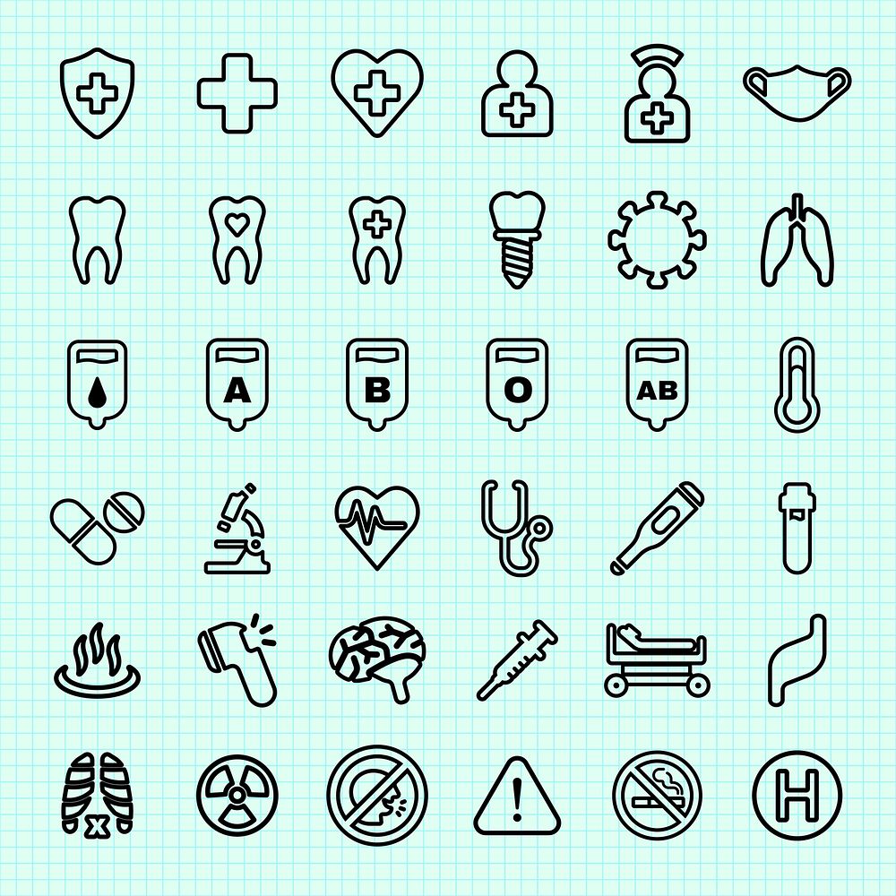 Medical icons set: health, cross, heart, mask, tooth, blood, lungs, thermometer, pills, microscope, heart rate, syringe…