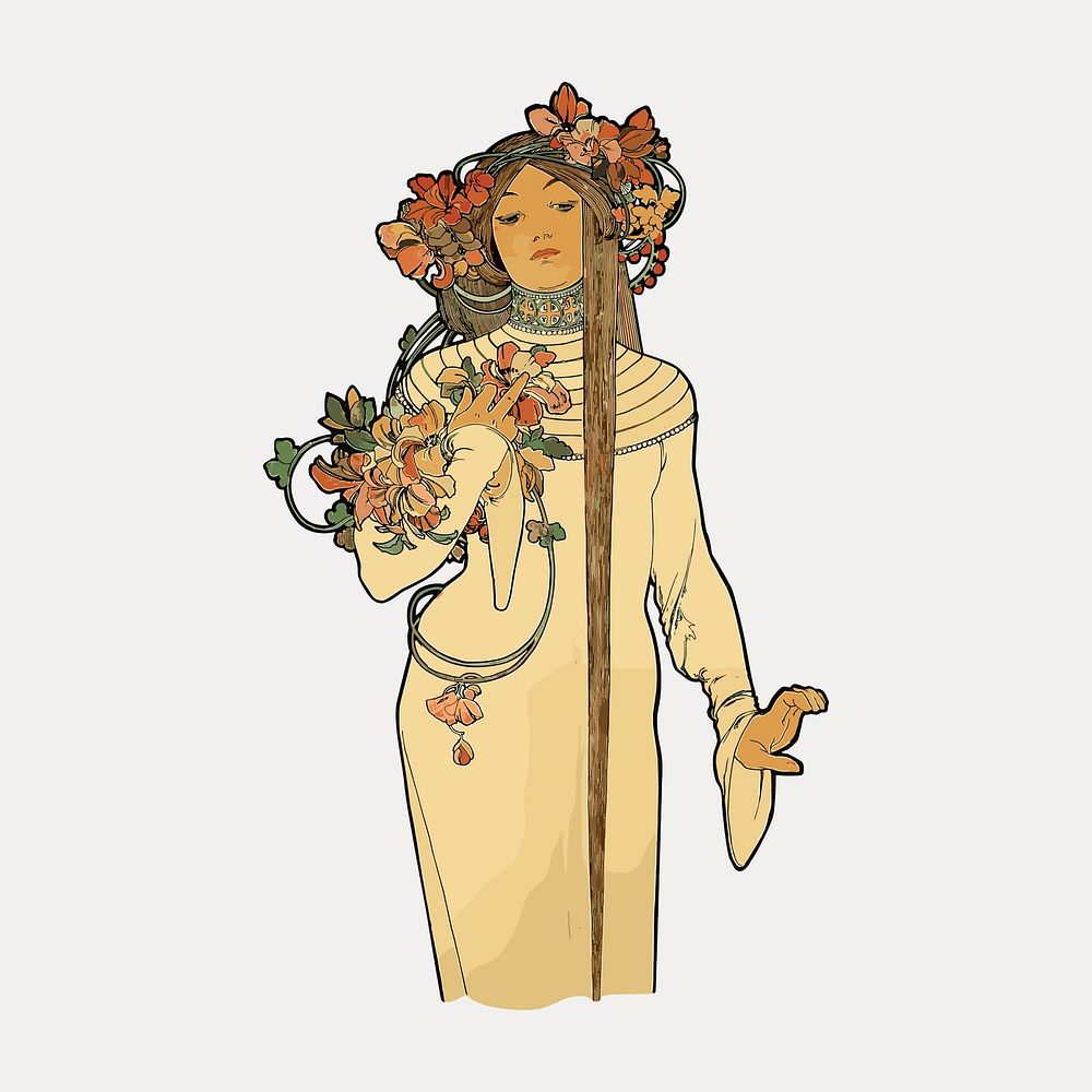 Alfons Mucha' woman chromolithograph art  illustration isolated on white, vector. Remixed by rawpixel.