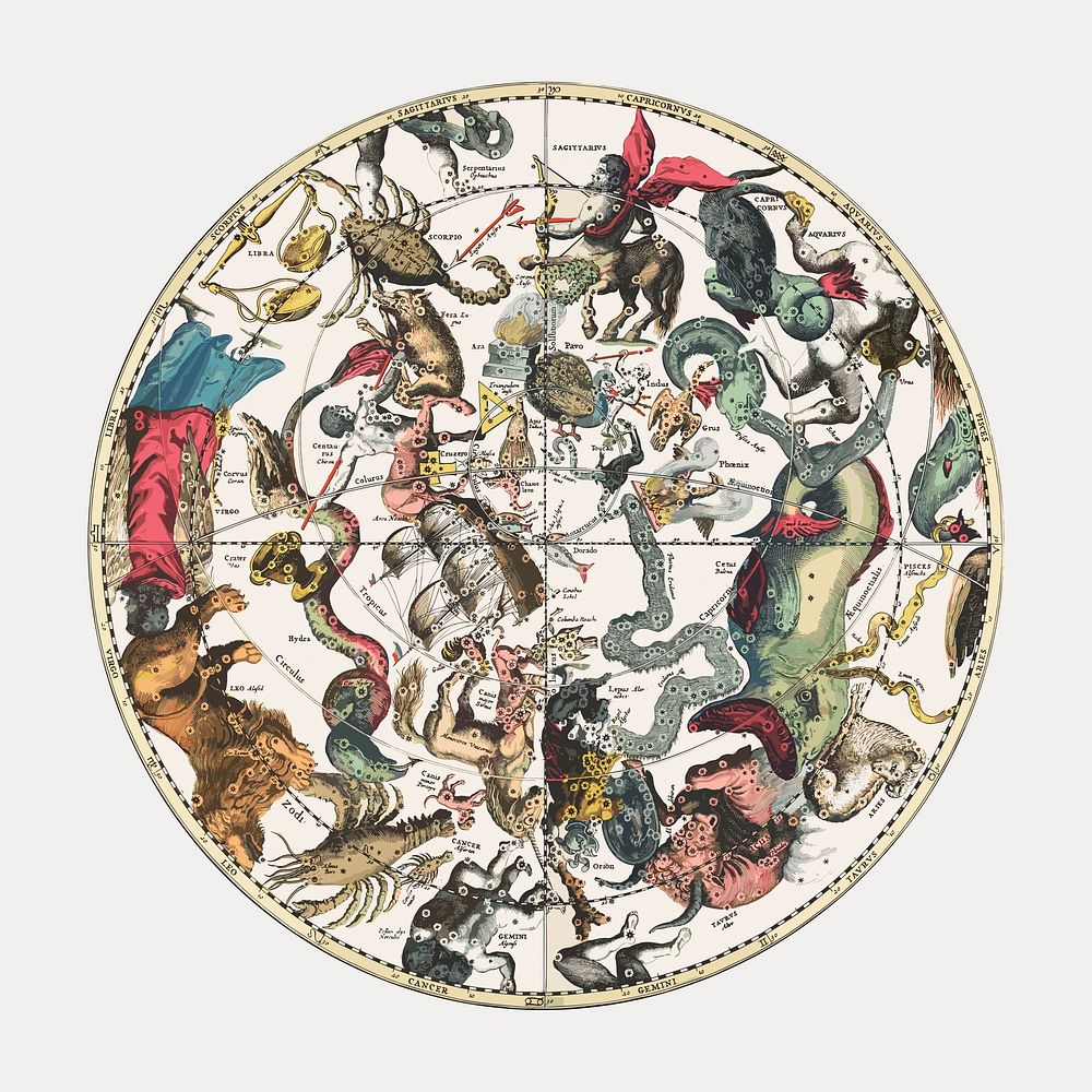 The Southern Stellar Hemisphere of Antiquity, plate 27 from Harmonia Microcosmica illustration by Andreas Cellarius vector.…