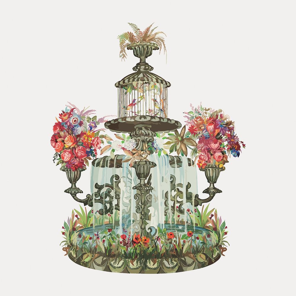 Conservatory Fountain vintage garden illustration by Perkins Harnly and Nicholas Zupa, vintage vector element. Remixed by…