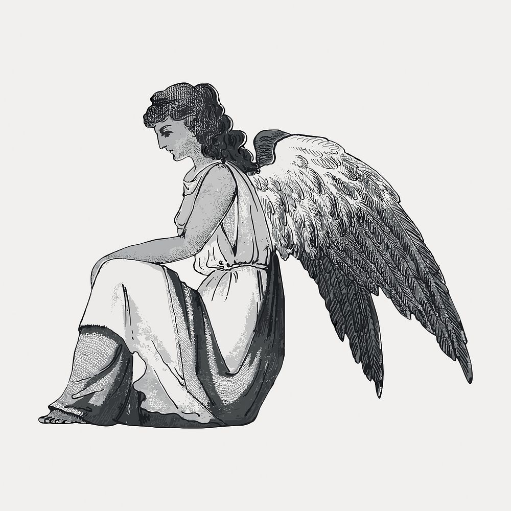 Sitting angel, vintage illustration  isolated on white, vector. Remixed by rawpixel.