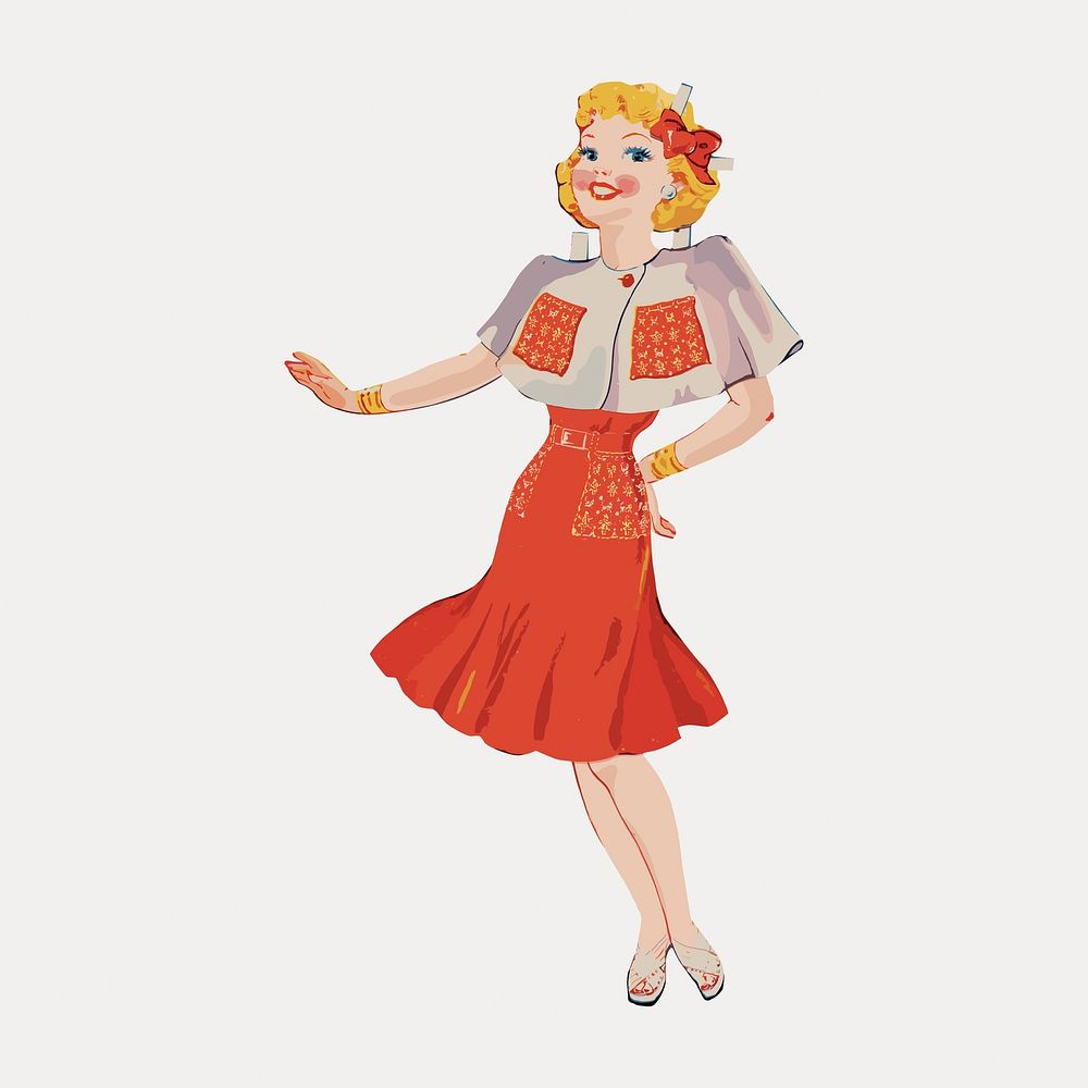 Vintage woman paper doll illustration isolated on white, vector. Remixed by rawpixel.