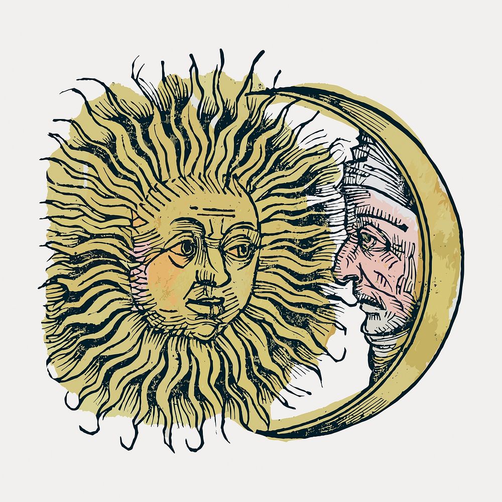 Vintage Sun & Moon illustration isolated on white, vector. Remixed by rawpixel.