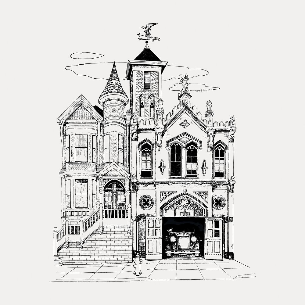 California street firehouse, vintage building illustration, isolated vector element. Remixed by rawpixel.