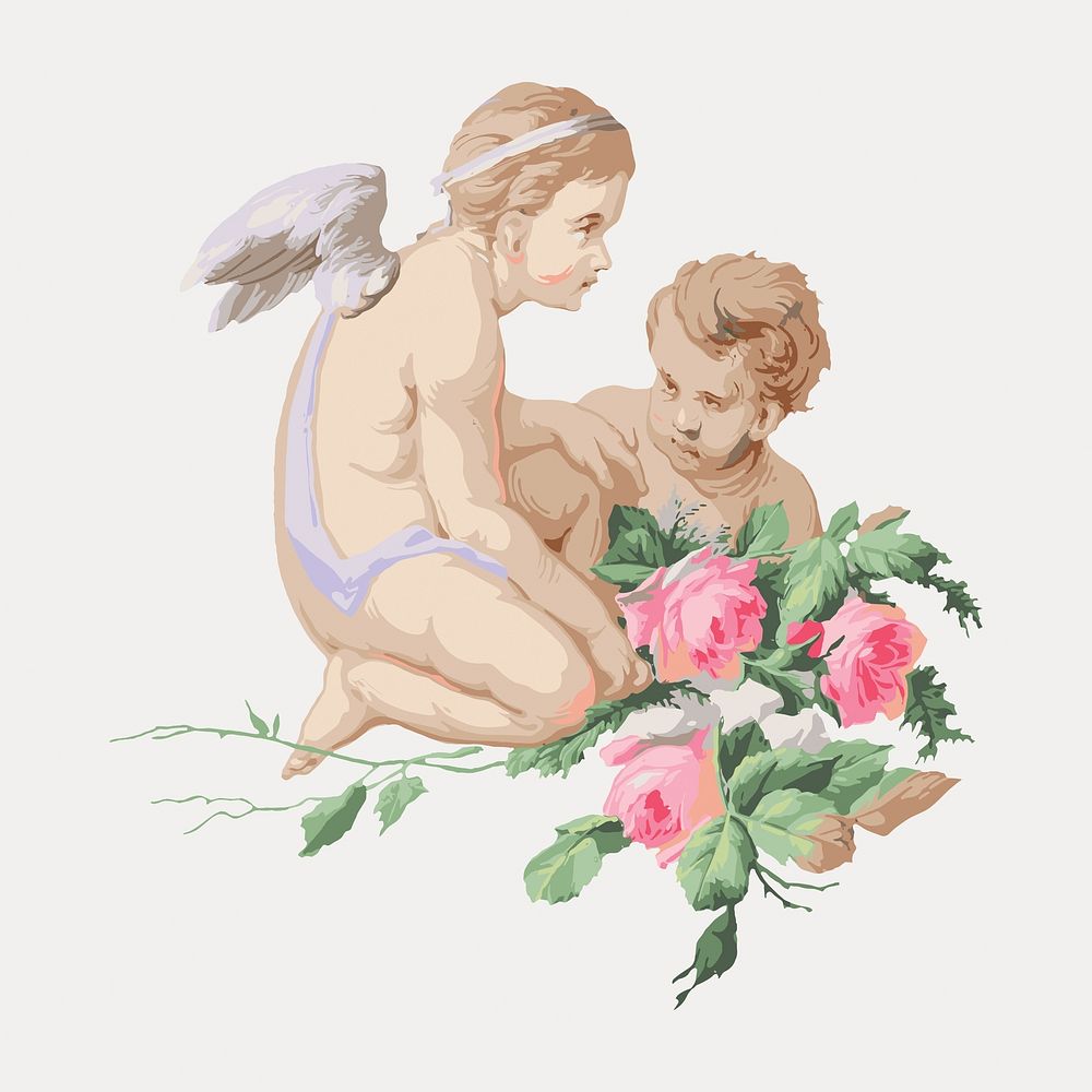 Vintage cherubs with flower illustration, vector element. Remixed by rawpixel.