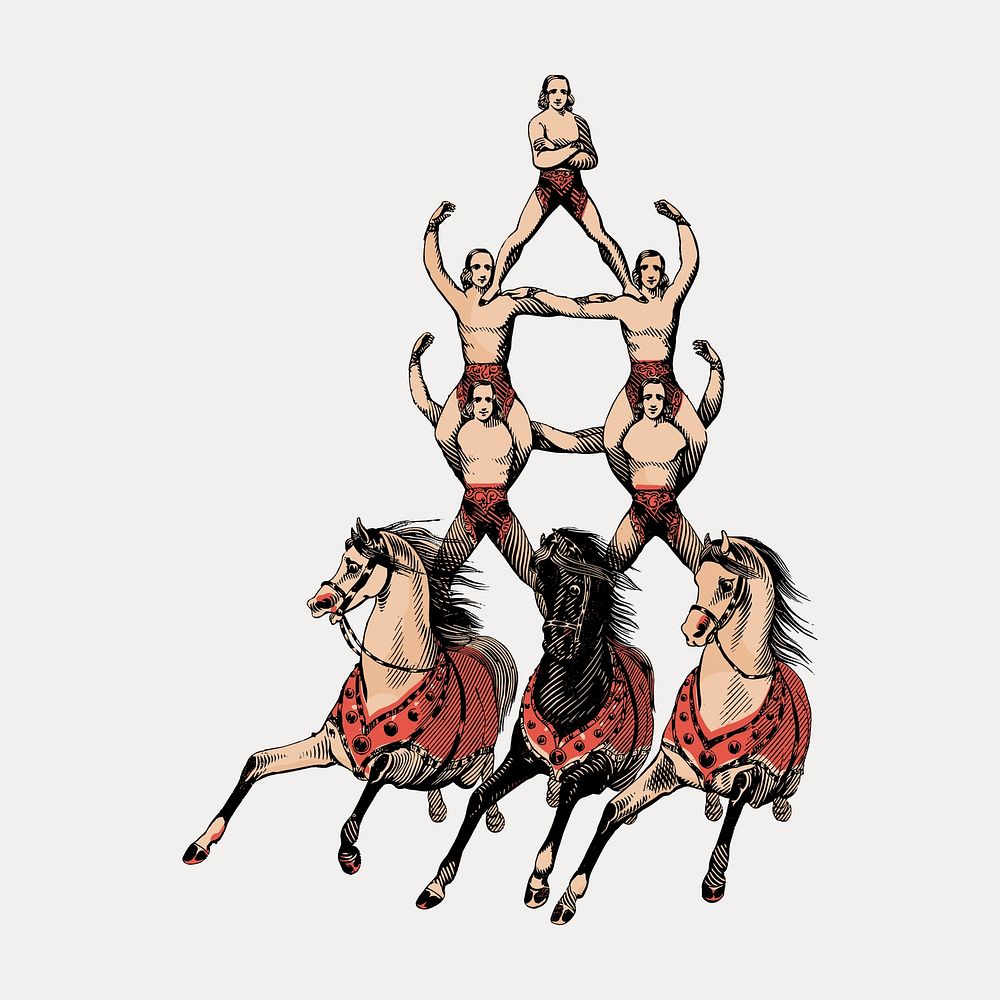 Vintage acrobats on three horses illustration isolated on white, vector. Remixed by rawpixel.