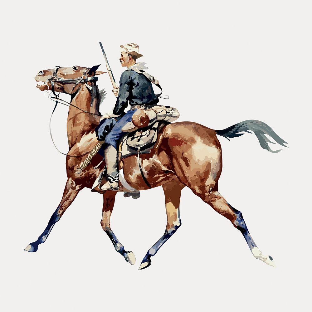 Soldier on horse watercolor illustration element from Frederic Remington artwork isolated on white, vector. Remixed by…