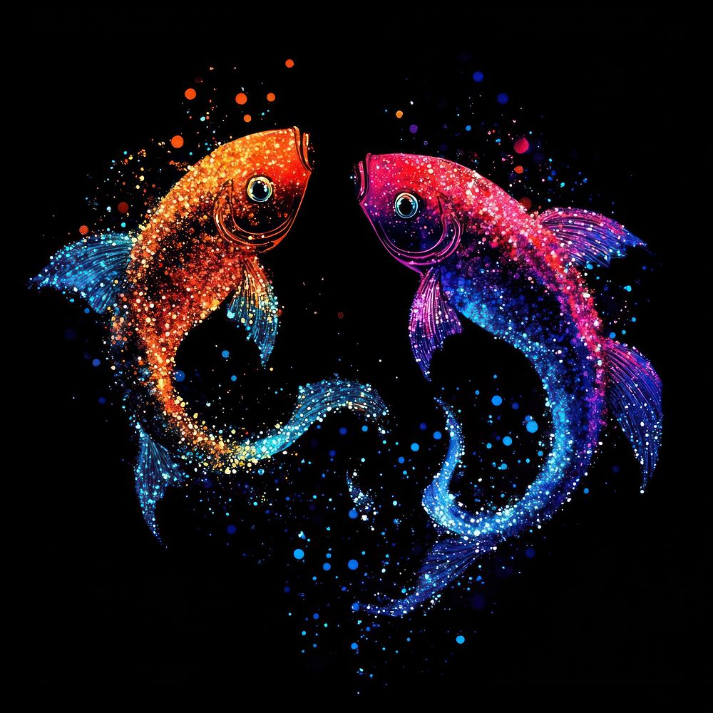 Colorful tow Fishes light glitter fish art illustration.