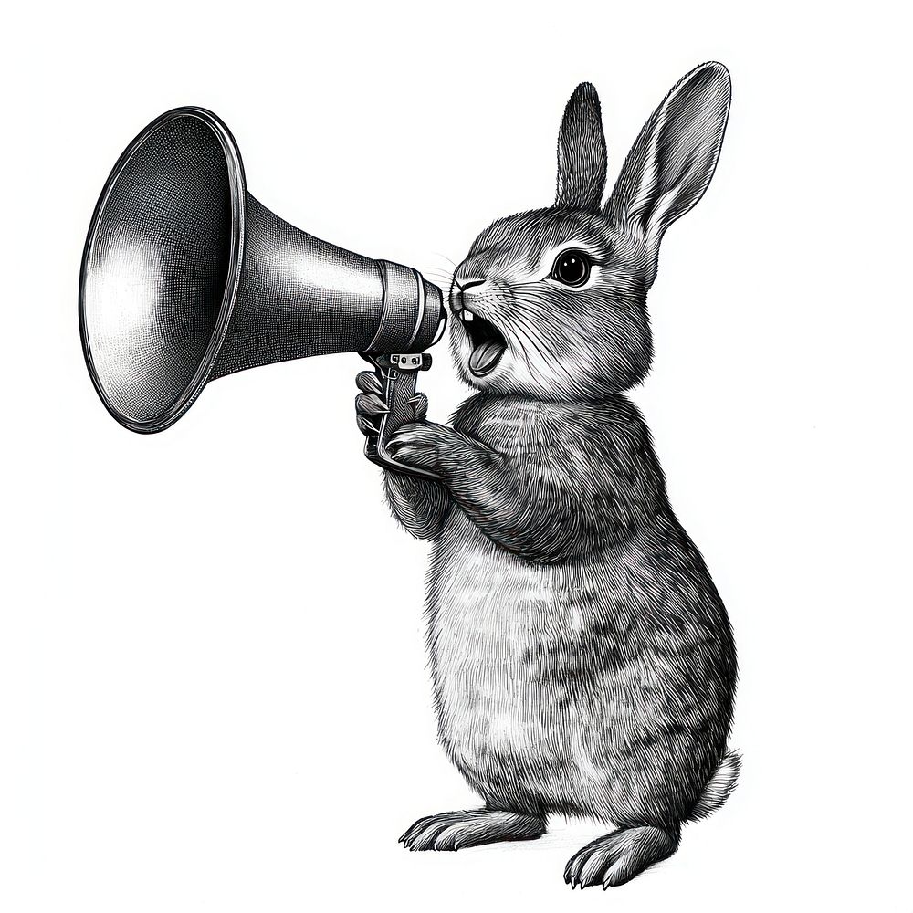 Rabbit holding a big megaphone drawing animal black.