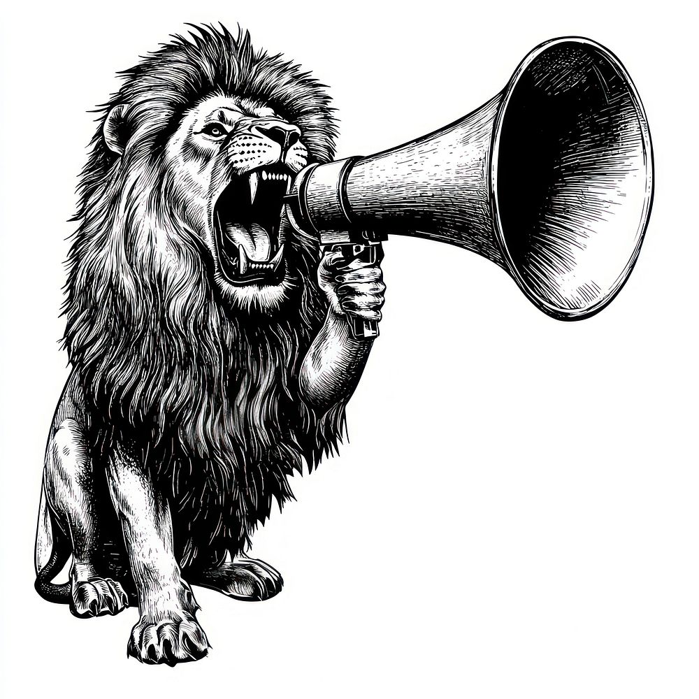 Lion holding a big megaphone animal black white.