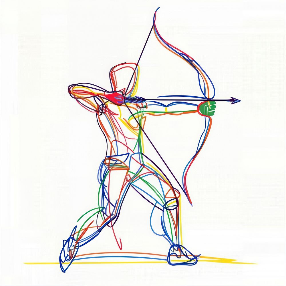 Line drawing archery player art colorful bow.