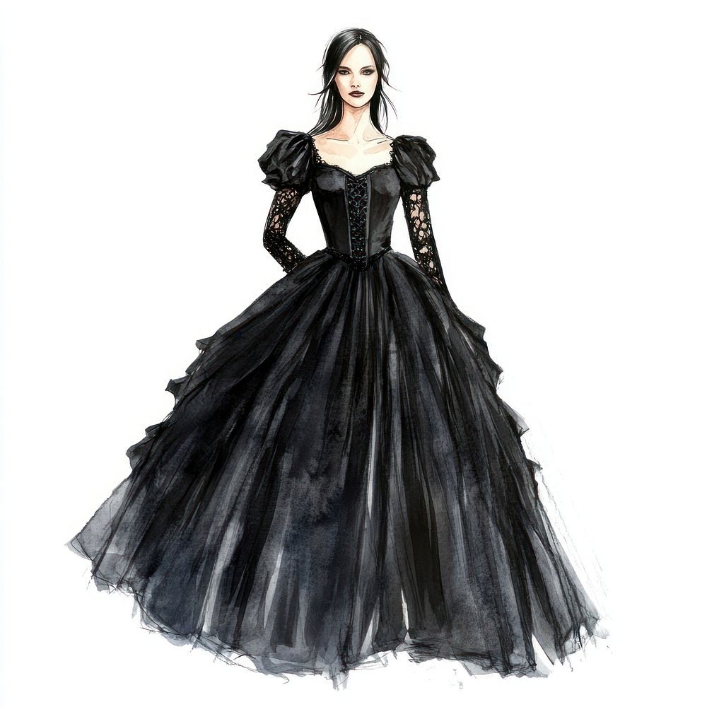 Black gothic dress fashion illustration style.