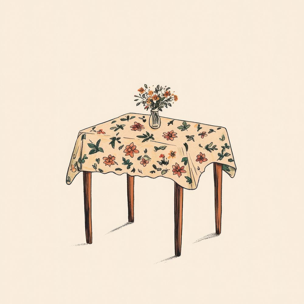 Table with floral table cloth illustration tablecloth flowers.