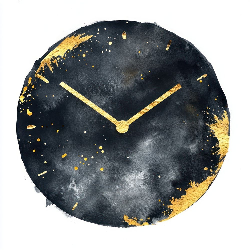 Black color clock watercolor round gold.