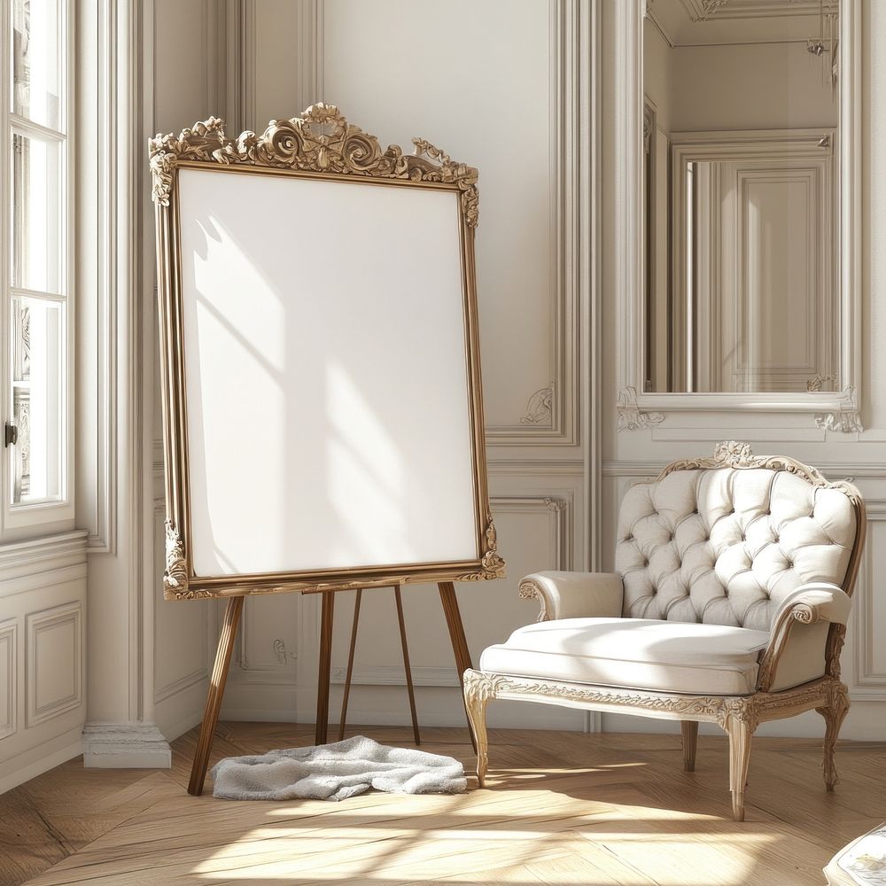 Blank white canvas chair easel room.