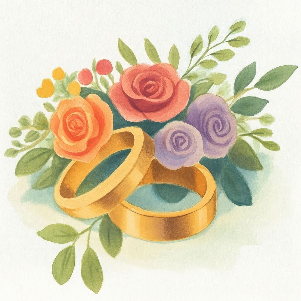 Cute floral couple rings illustration flowers gold.