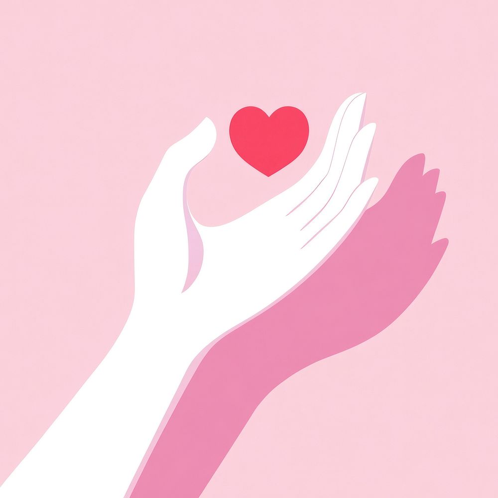 Hand with a red heart illustration minimalist background.