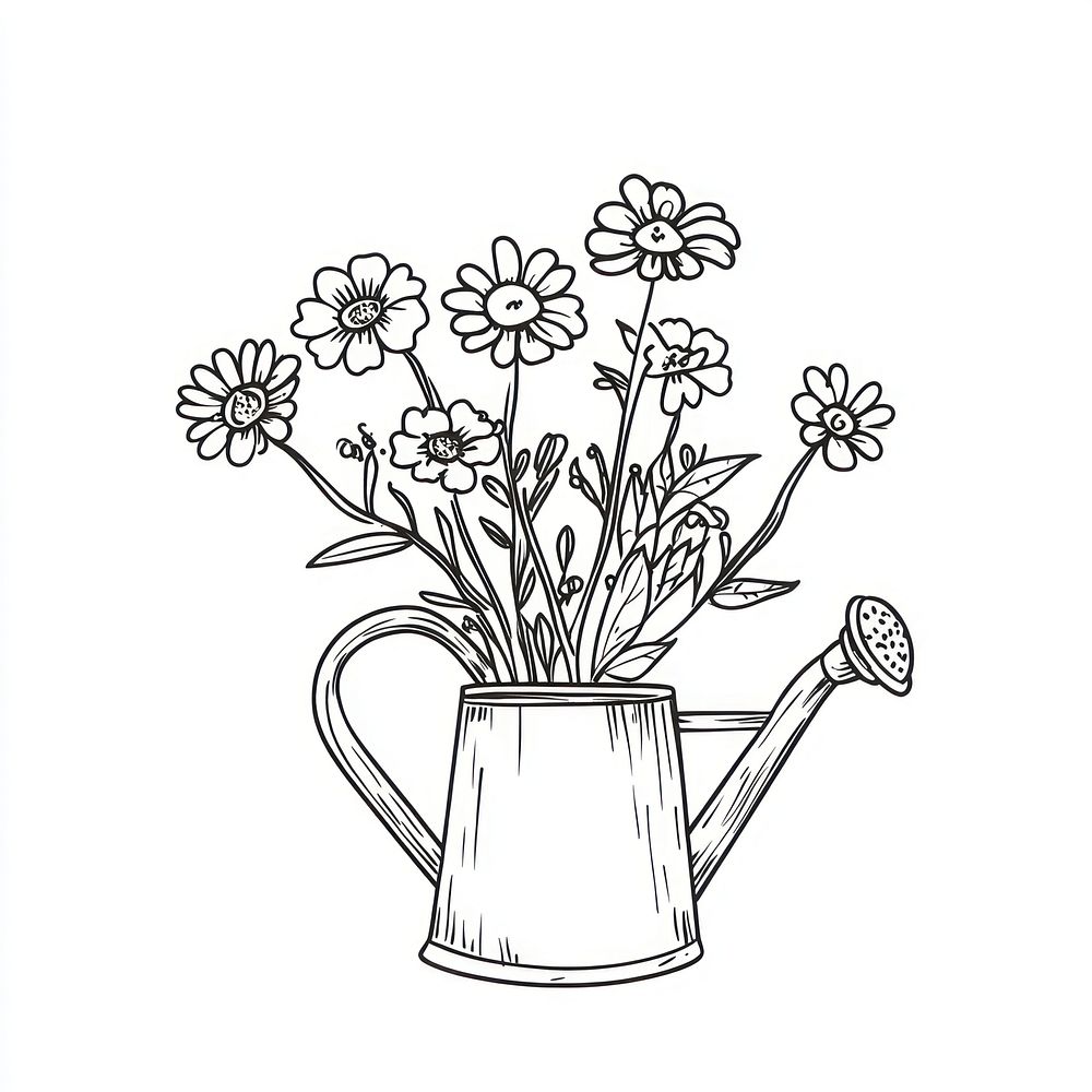 Watering can with flowers doodle drawing art watering.