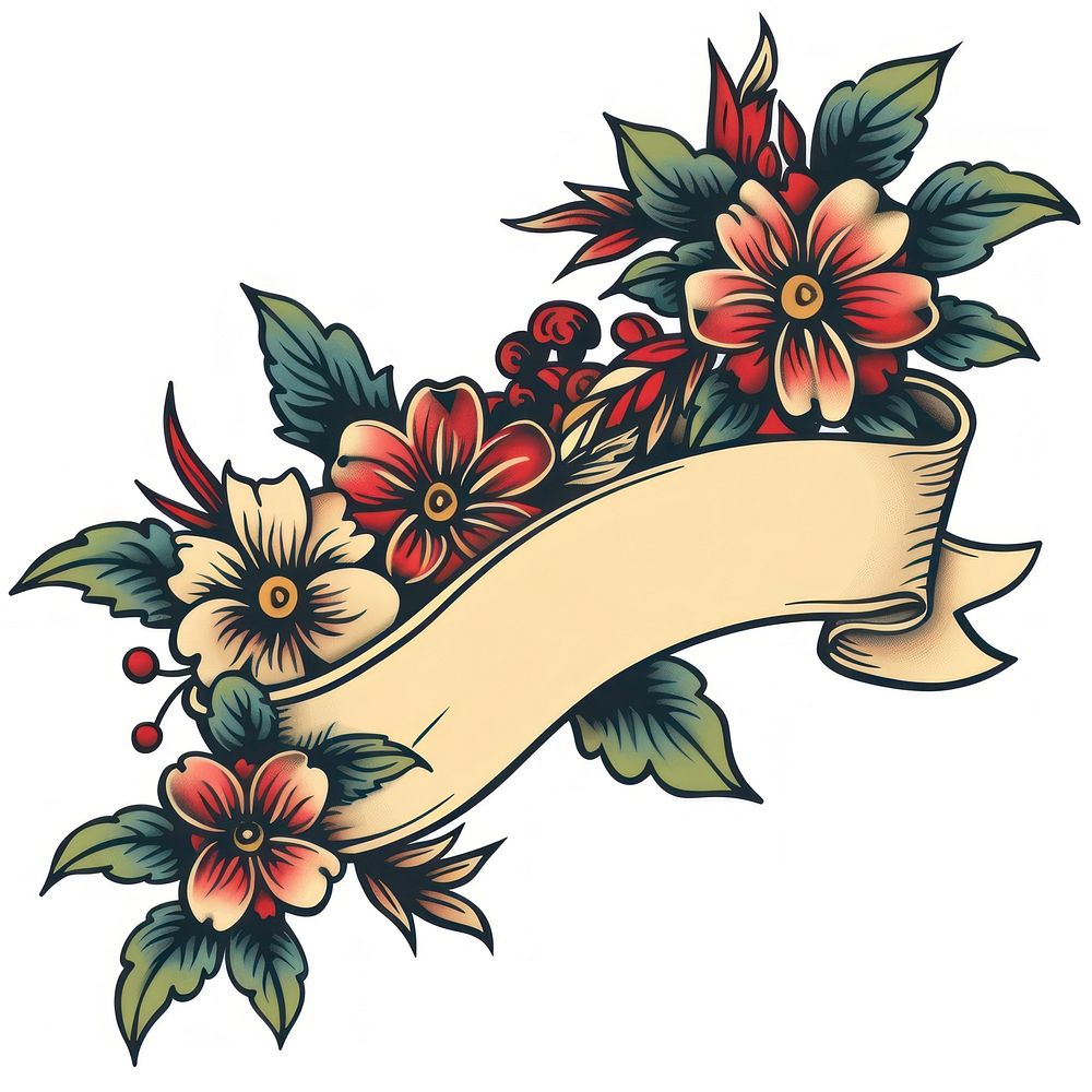 Tattoo illustration empty ribbon flower art arrangement.