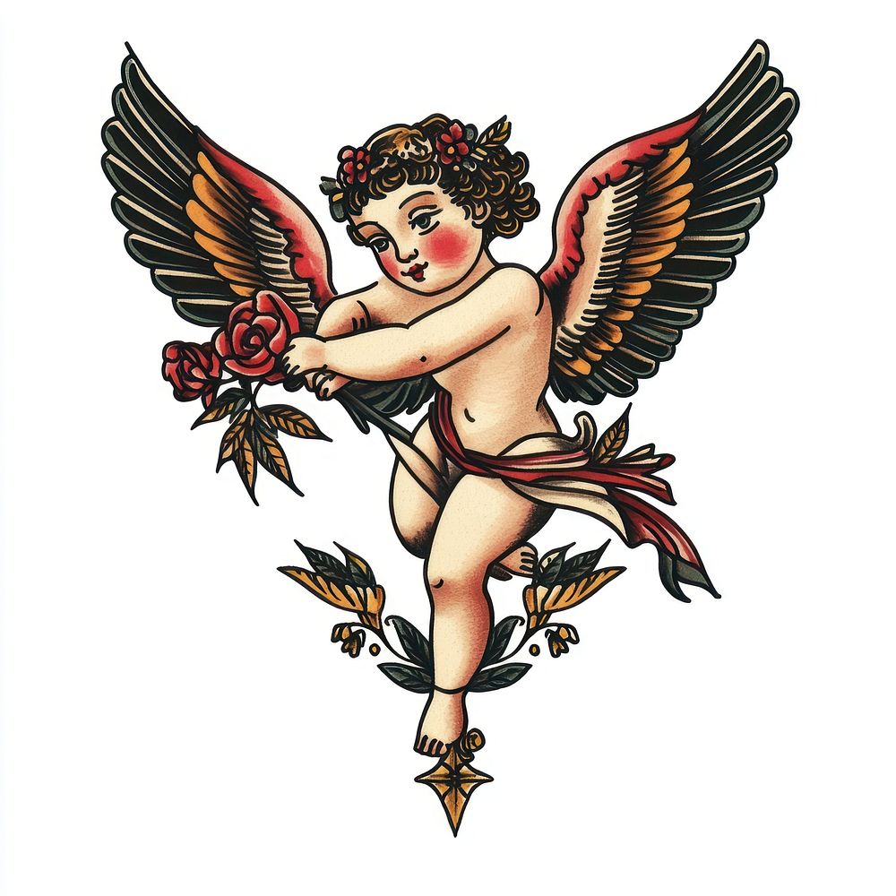 Tattoo illustration of cupid traditional angel archangel.