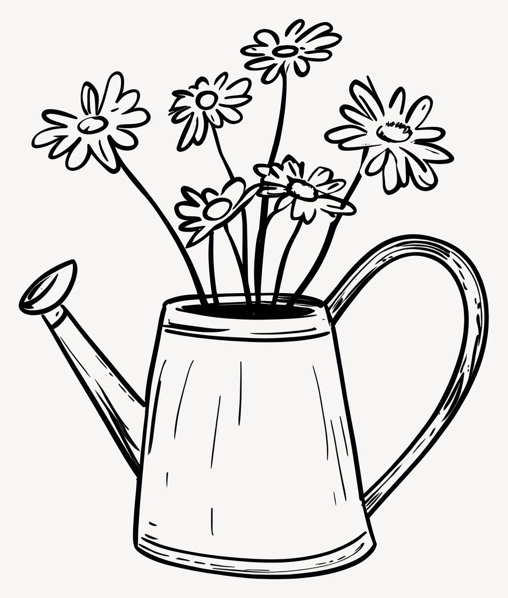 Watering can with flowers drawing art simple vector