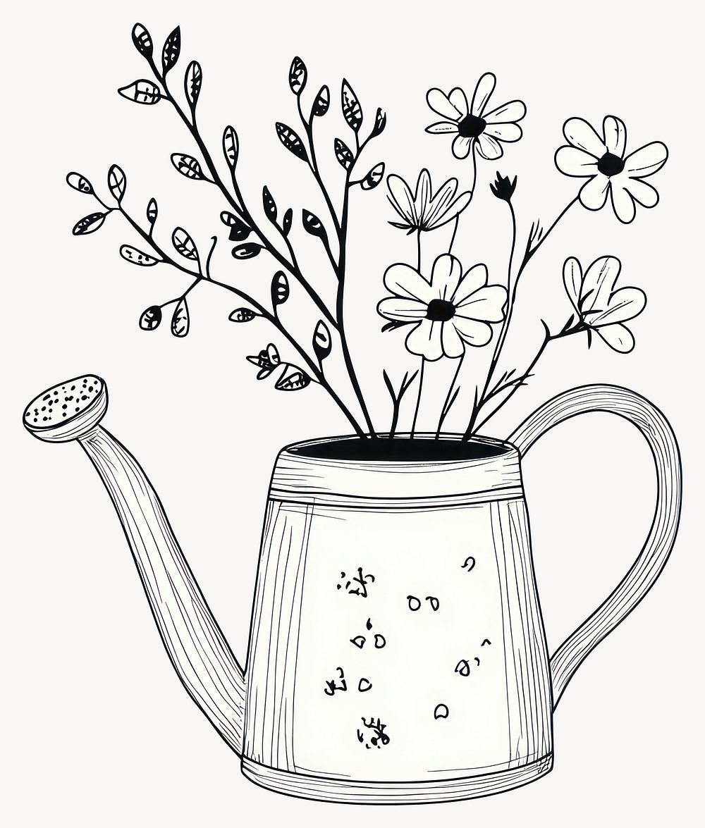 Watering can with flowers art drawing simple vector